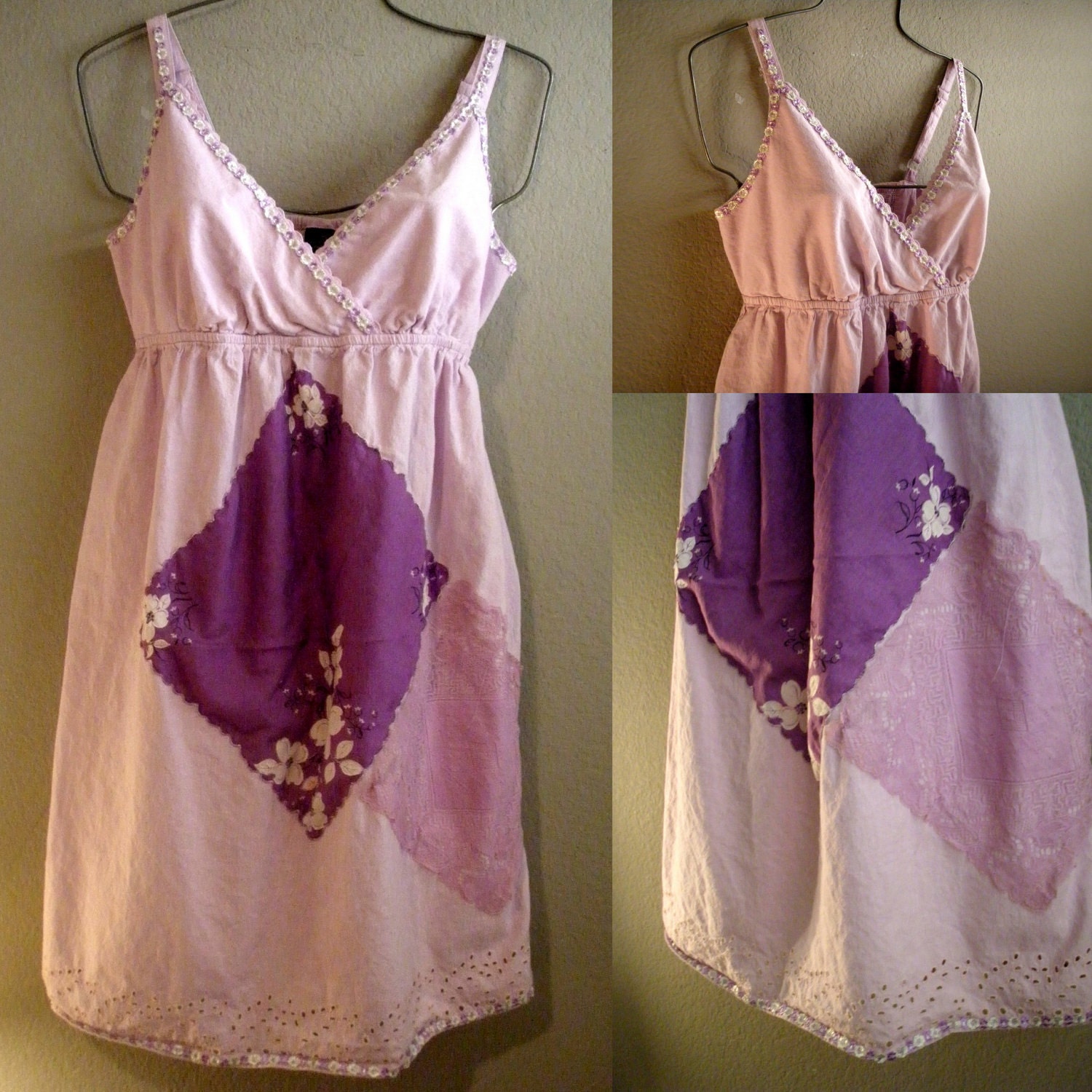 Purple Baby Doll Dress, Upcycled Cotton Sundress, Boho Chic, Vintage French Trim, OOAK, Size Medium TREASURY ITEM
