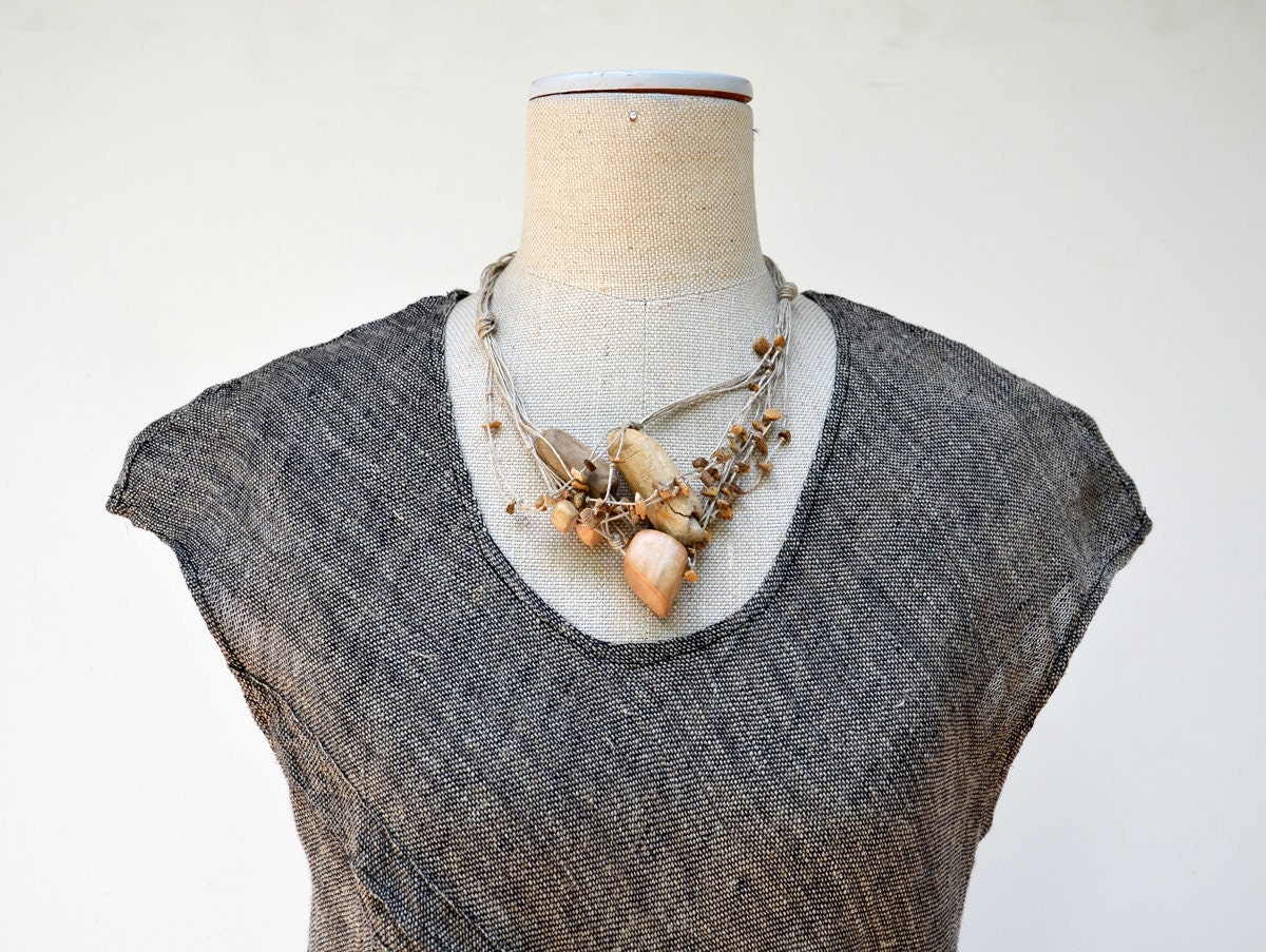 linen twine OOAK necklace with wooden beads and jasper stones, brass clasp Hand made jewelry, gift for her, fashionable fashion design