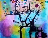 Colorful tree art print - 8x10 - The Tree Bubbles & the Black Cat