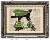 Honey Badger on Vespa on Vintage Upcycled Dictionary Page Book Art Print Recycled Repurposed