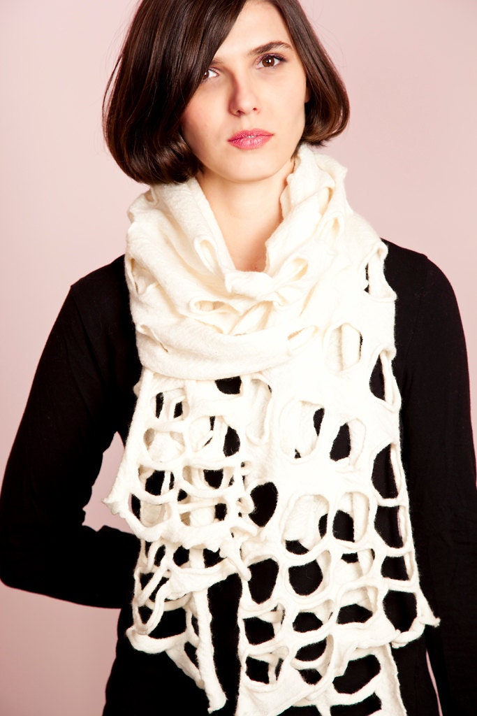 Women's mod accessory - Spring Cutout scarf wrap - Pashmina shawl in merino wool felted, Wool knitted Scarf