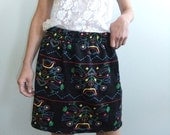 70s folk  skirt, birds, hearts, flowers, hippie, mini, black,  small