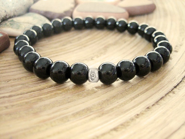 Mens Evil Eye Bracelet - Black Onyx and Matte Silver Bead, Spiritual Beaded Bracelet for Him, Simple Modern Style