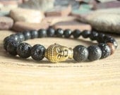 Mens Buddha Bracelet - Matte Black Lava Stone Rock, Gold Plated Buddha Head and Red Lotus Seed Mala Bead, Yoga
