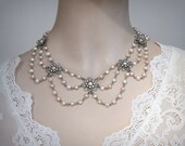 Pearl Bridal Necklace,Champagne,Vintage Necklace,Bridal pearl Necklace,Wedding,Rhinestone Jewelry,Victorian Wedding,Silver Flower Set