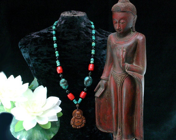 Buddha Necklace - Yoga - Buddhist Necklace - Tibetan - Statement Necklace - Ancient Jewelry - Turquoise and Coral - Beadwork