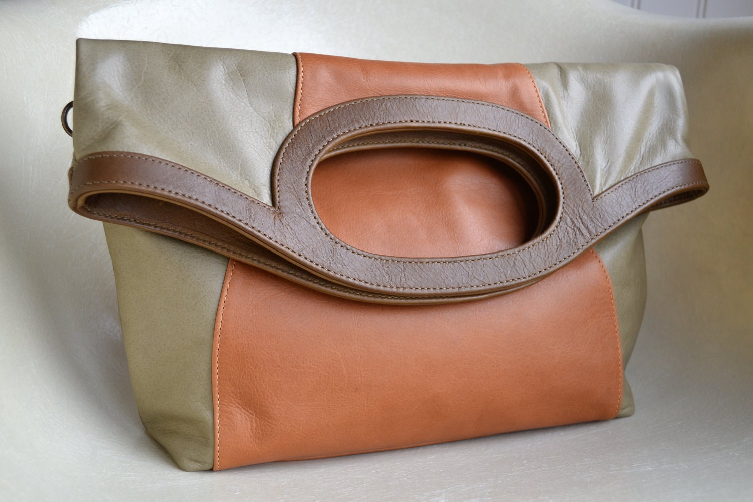 Large Satchel Crossbody Handbag Tote in Brass Brandy and Verde Leather - Layover Style