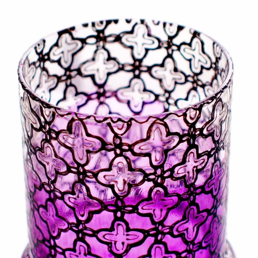 Moroccan Votive Holder with Fuschia Pink Glass and Gunmetal Accents