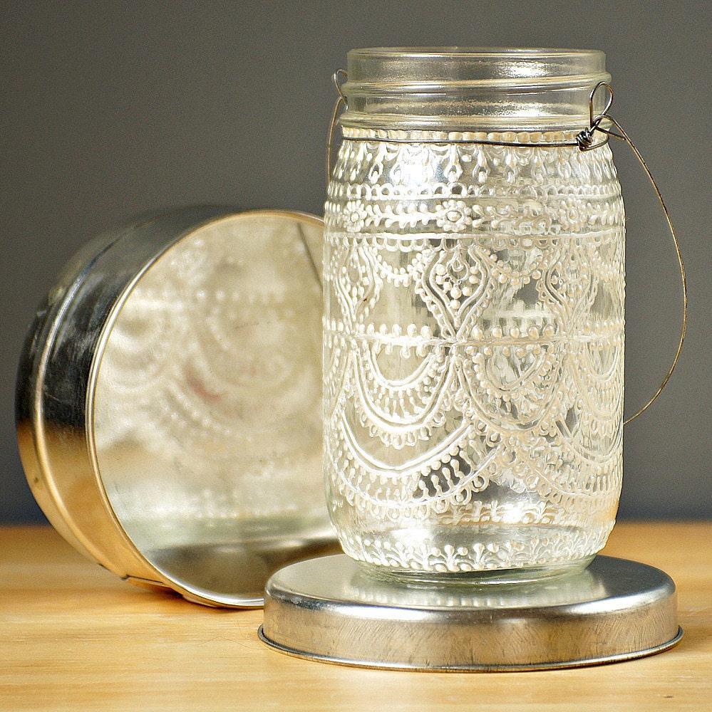 Hand Painted Mason Jar Moroccan Lantern, Henna Inspired Design in White Pearl - on Crystal Clear Glass