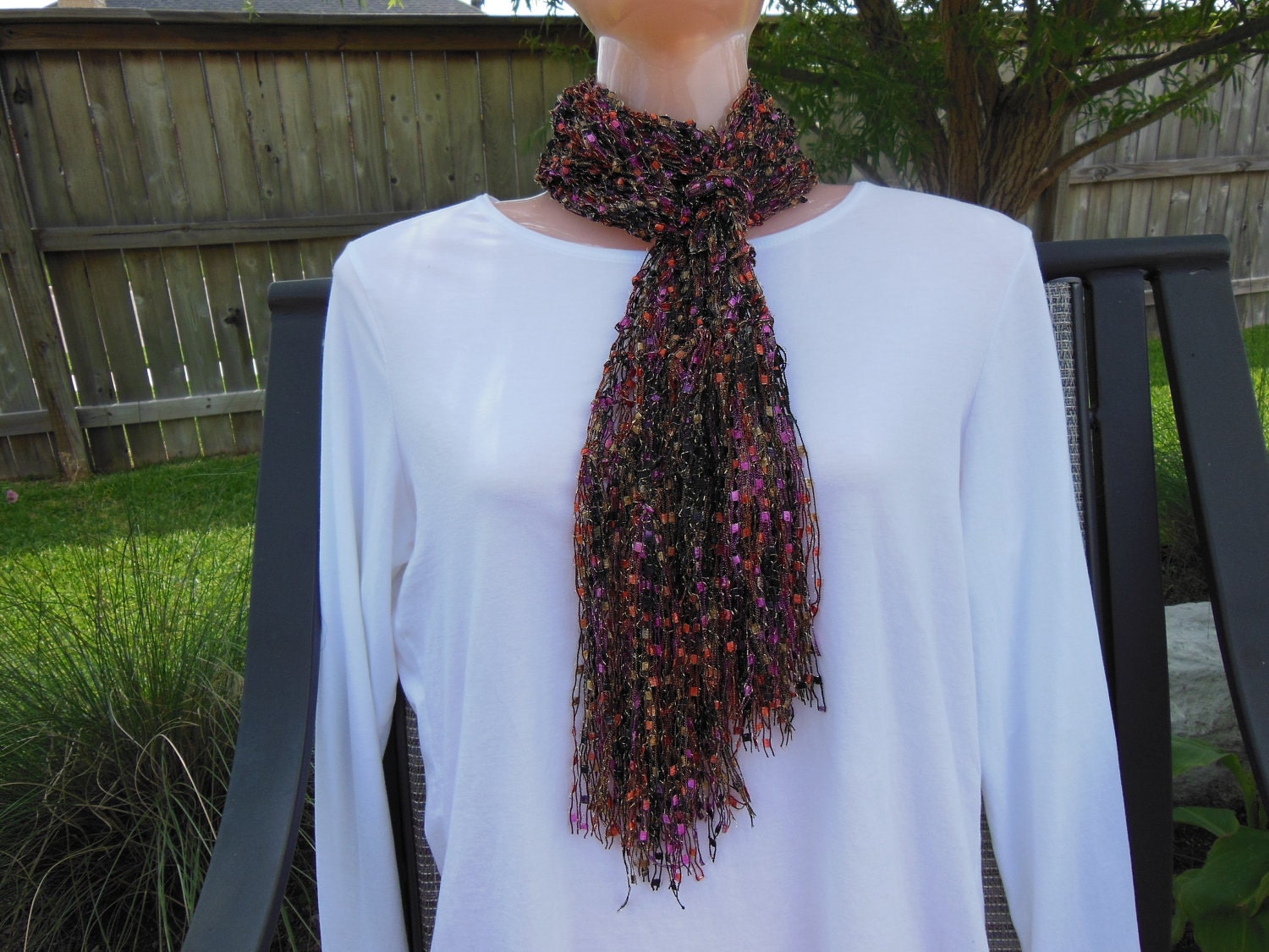Knit Scarf, Trellis Ladder Ribbon Scarf. Vegas. Pink. Orange. Purples. Black. Metallic