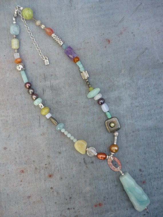 Artisan, Asymmetrical Necklace, Handcrafted with Sterling Silver, Copper, Amazonite, Pearls and Multi Gemstones
