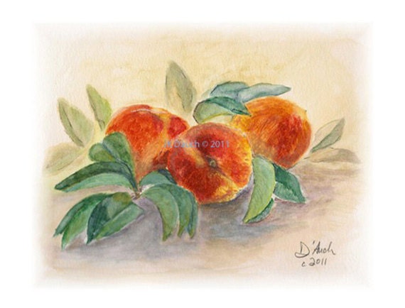 PEACHES - PRINT of an Original Watercolor Painting by Jamie Dauch Michigan artist - home or kitchen decore