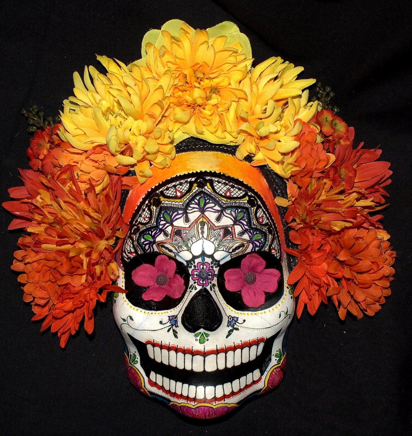 Mexican Sugar Skull Mask for Dia de los muertos with Deluxe Flower Crown - Custom