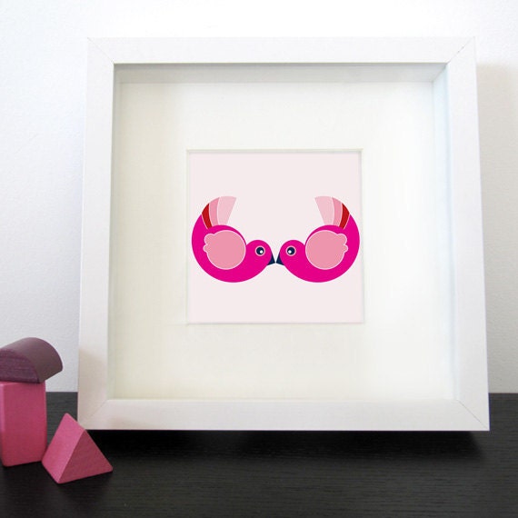 Art print Love birds. Nursury decor. Baby shower gift.  / Hot Pink : high quality prints from original izzybizzy illustrations
