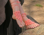 BAREFOOT SANDALS, Crochet, Coral Beach Wedding, Nude Shoes, Peach Foot Jewelry, Summer, Gypsy Hippie Bohemian Sandles, Anklets, Pool, Cotton