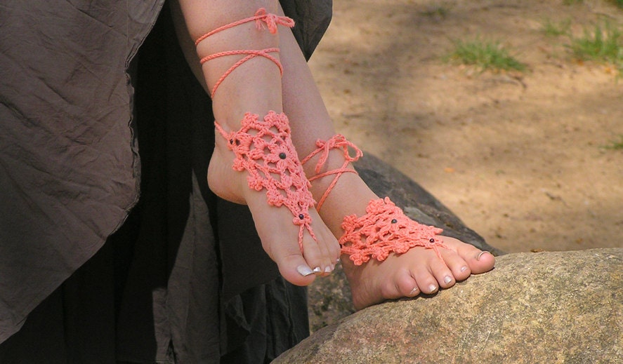 BAREFOOT SANDALS, Crochet, Coral Beach Wedding, Nude Shoes, Peach Foot Jewelry, Summer, Gypsy Hippie Bohemian Sandles, Anklets, Pool, Cotton