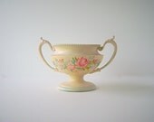 Ivory Metal Pedestal Dish with Hand Painted Rose Floral Motif in Pink, Blue and Green