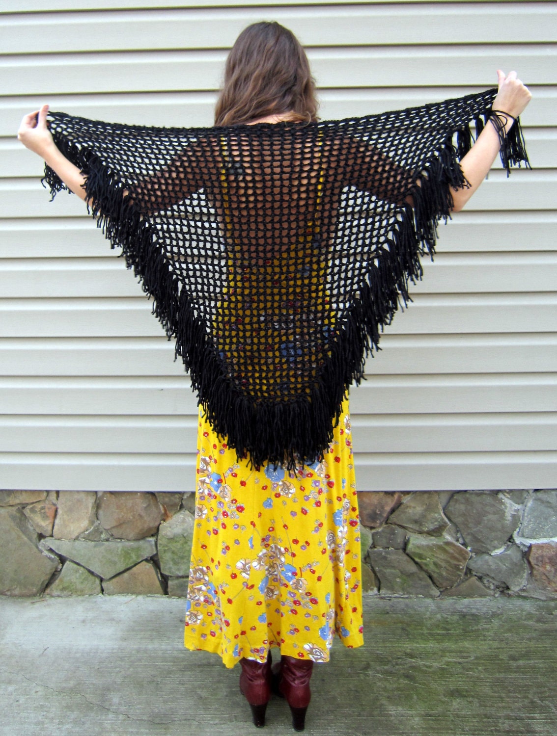 Black crochet shawl, retro gypsy style, from vintage pattern, 1971