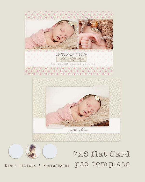 Birth Announcement Card Template, Linen, pink dots - .psd file