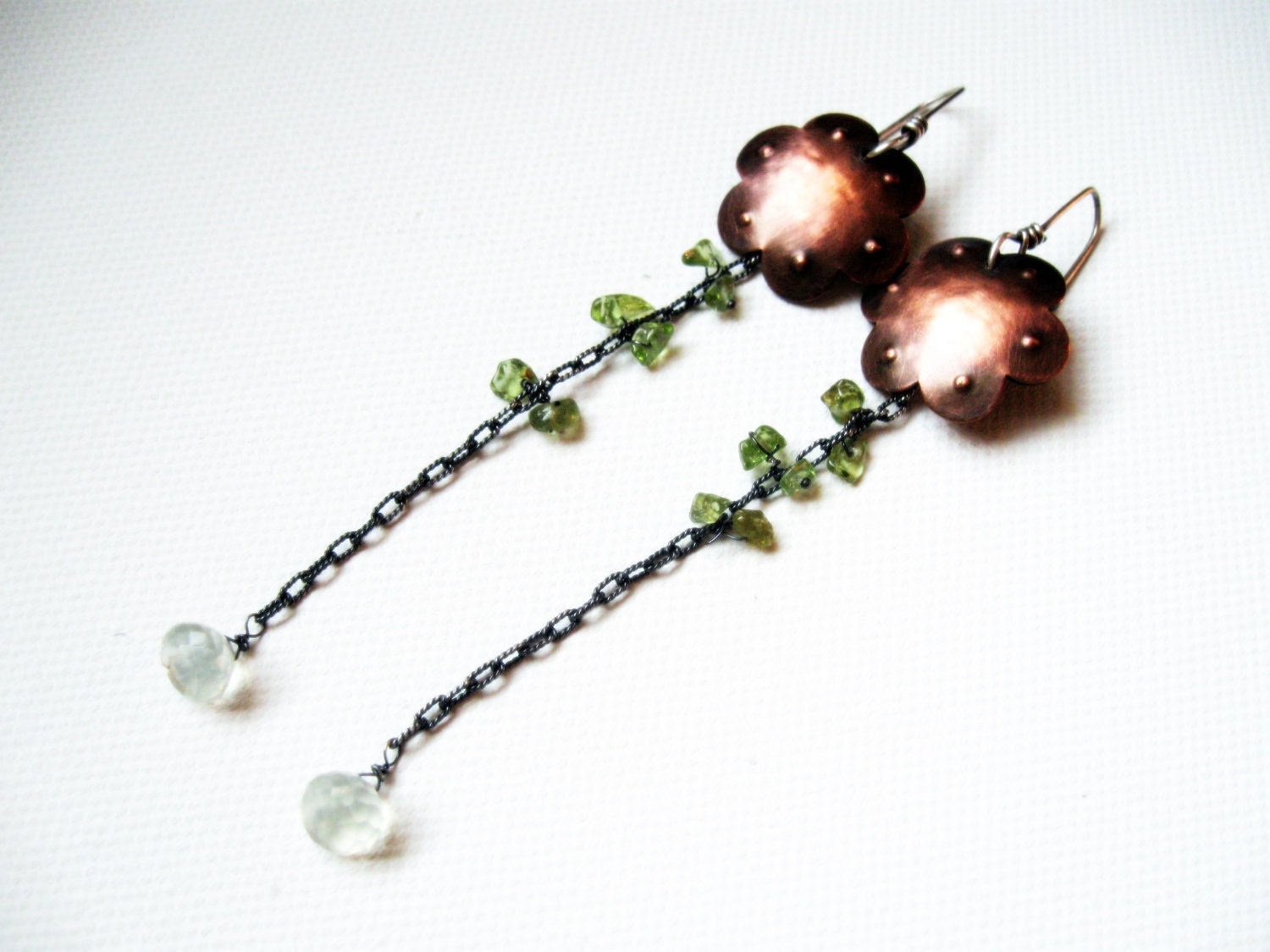 Copper Flower Earrings Prehnite Peridot  Dangle Rustic Silver Metalsmith Green Gemstones Drops