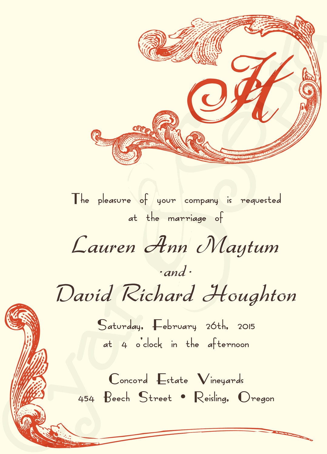 Printable Wedding Invitation - 5x7 - Red Flourish Monogram - Antique Ornate Victorian Classic - Red, Rust, Cream