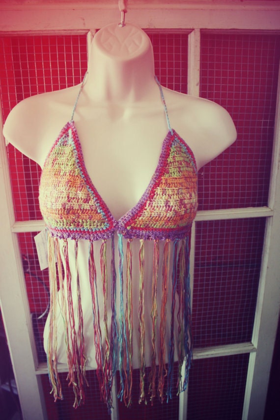 Handmade 70's Style Rainbow Hippie Crochet Halter Top, Made to Order, Bikini Top with Fringe-Festival, Belly Dancer, Beach, Summer