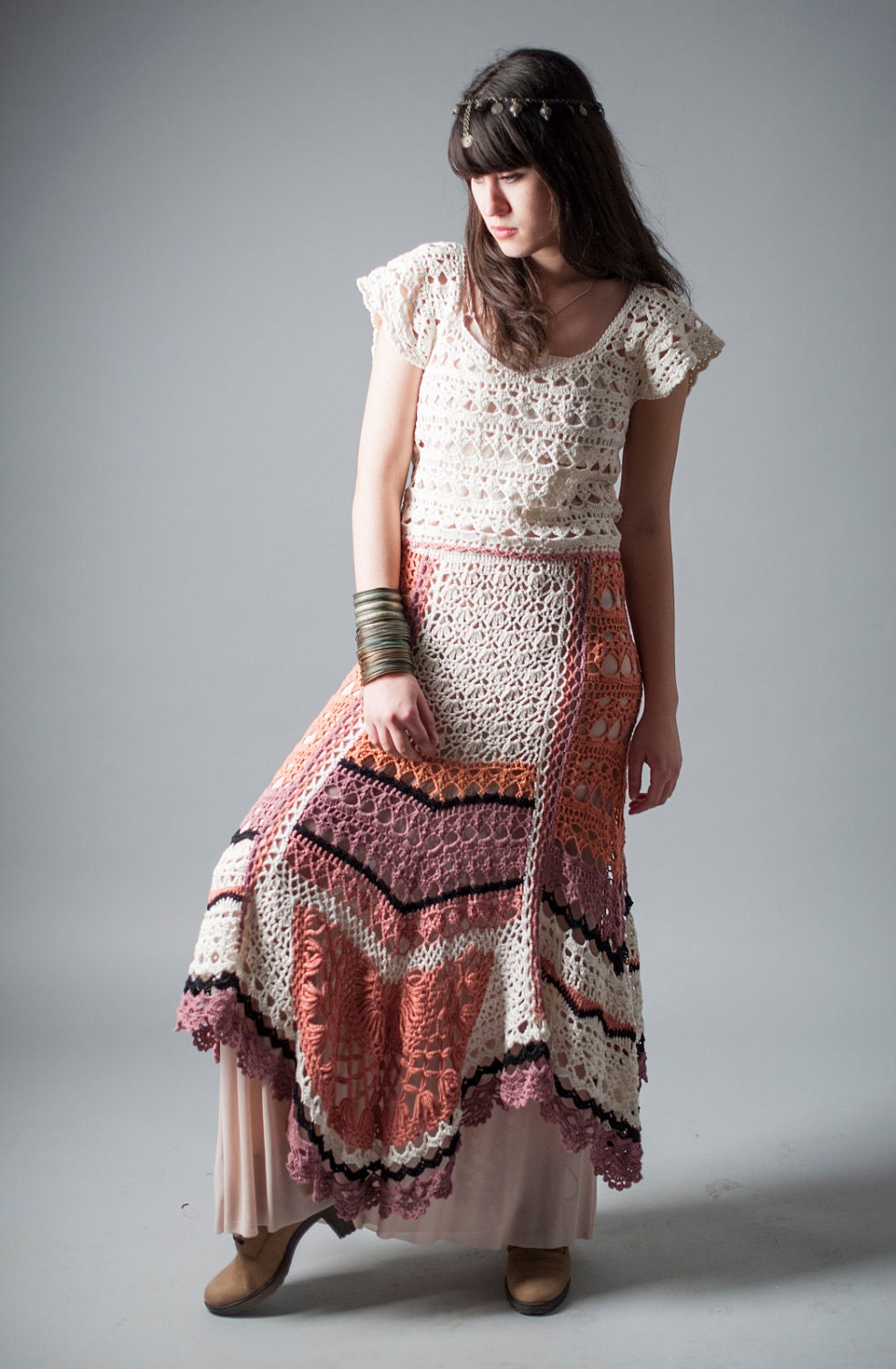 Hippie Hand Crochet Maxi Skirt, Maxi Cotton skirt, Spring knitted dress