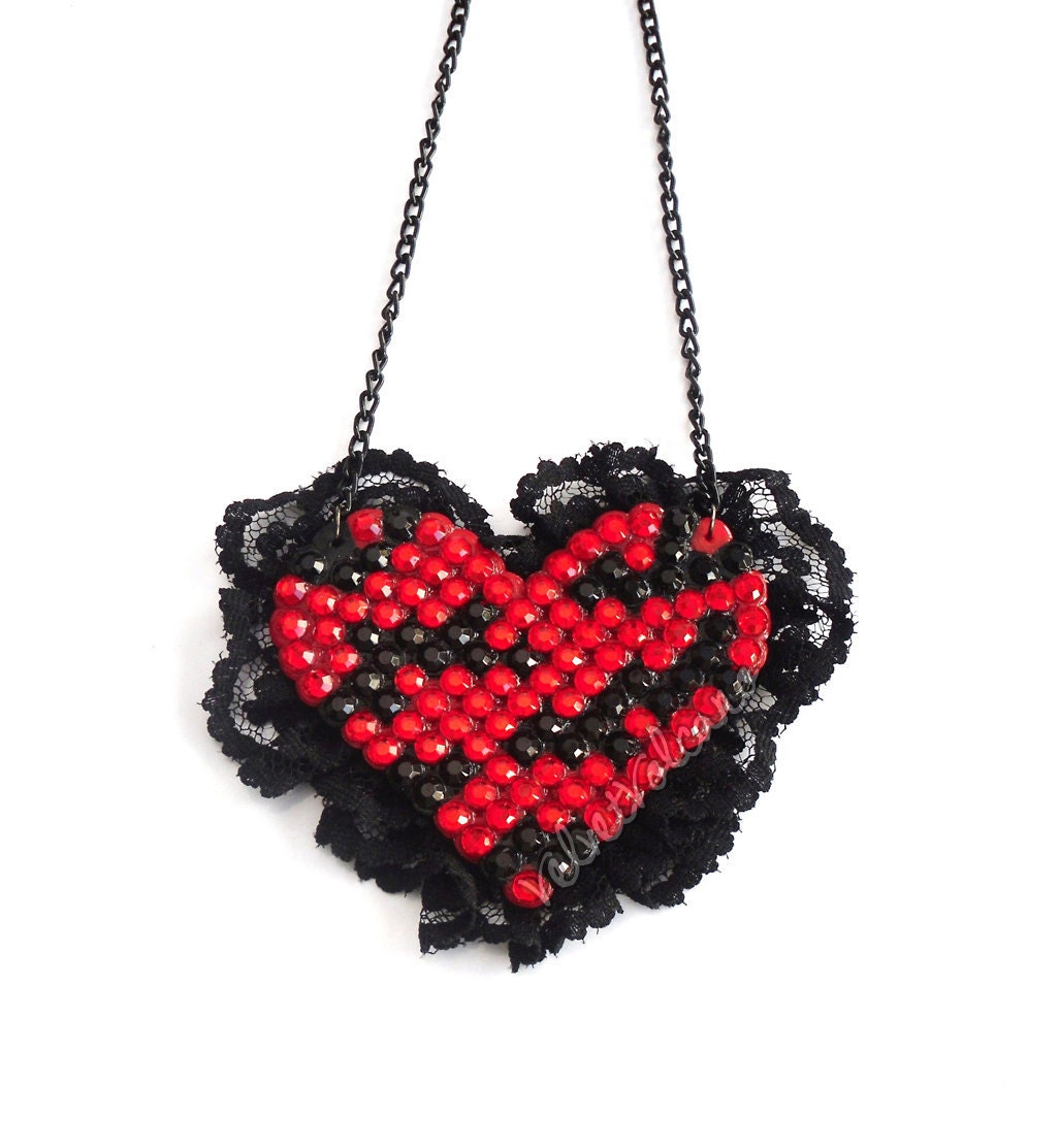 Racey Lacey Zebra / Tiger Crystal Encrusted Necklace Lace Edge - You Choose Your Colours - Animal Print Love Heart - Rockabilly Psychobilly