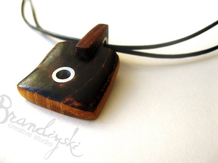 BLACK EYE - Original Handmade Wooden Necklace - cherry wood, mahagon and aluminum, 1,5mm leather cord