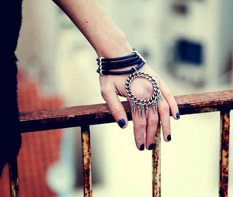 ON SALE Goth black caoutchouc cord ,silver spikes bracelet ring