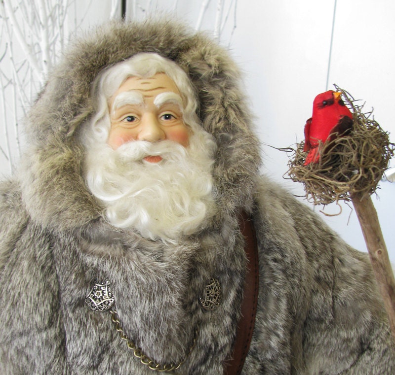 Father Christmas Doll: Large Rustic Woodland Santa with Vintage Rabbit Fur Coat ( One of a Kind Handmade Old World Santa Claus ) - FatherChristmasJoy