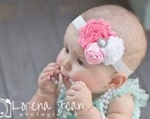 10% OFF  Baby Headband, Shabby flower headband, newborn headband, Satin Rosette headband, Baby girl Headbands, toddler headband, Shabby Chic