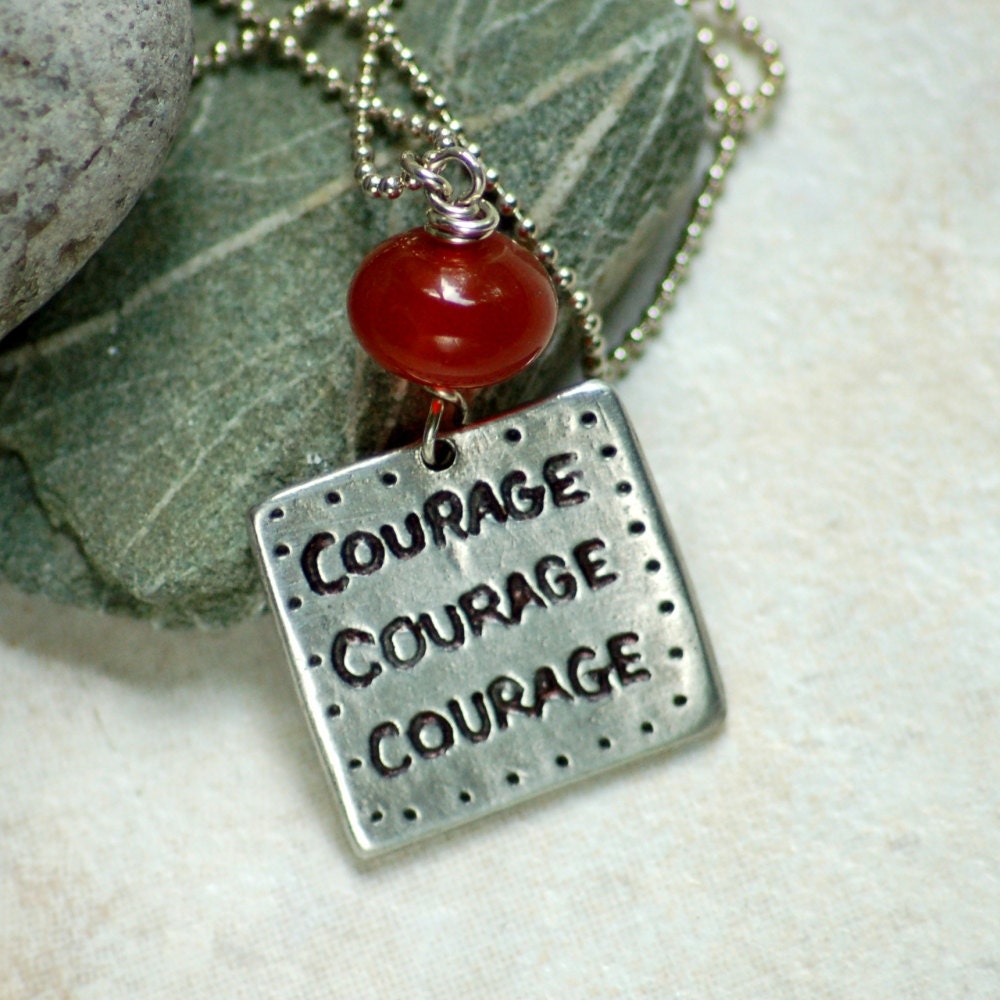 Courage Charm Necklace Stamped Word Jewelry Sterling Chain Carnelian