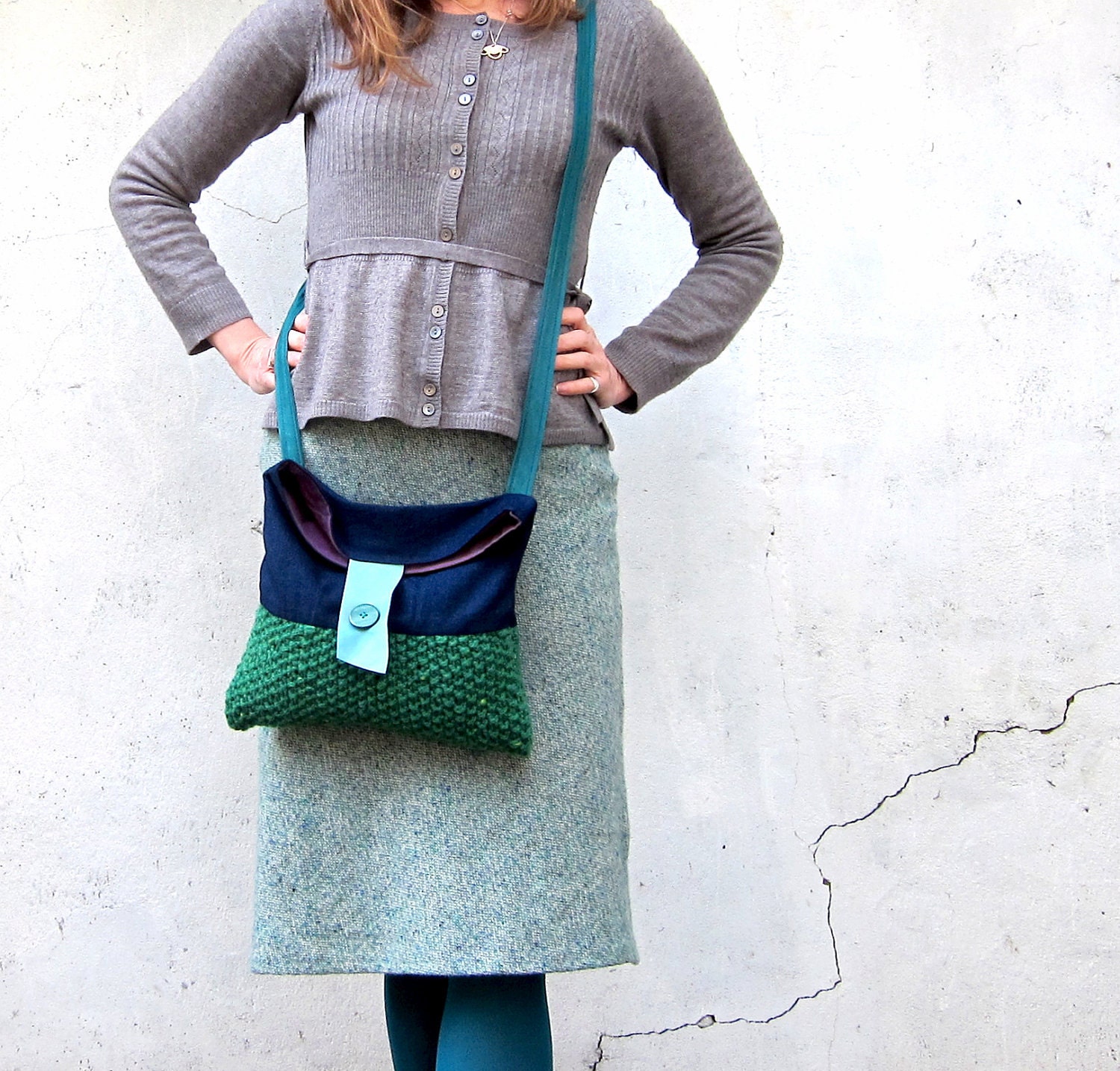 Cross body color block bag green wool tweed knit purse cotton denim fold over bag blue leather teal long strap memake handmade fashion