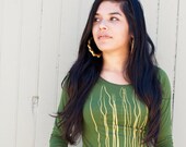 Silkscreen womens tshirt, olive green 3/4 sleeve, strings design, S-XL, womans top
