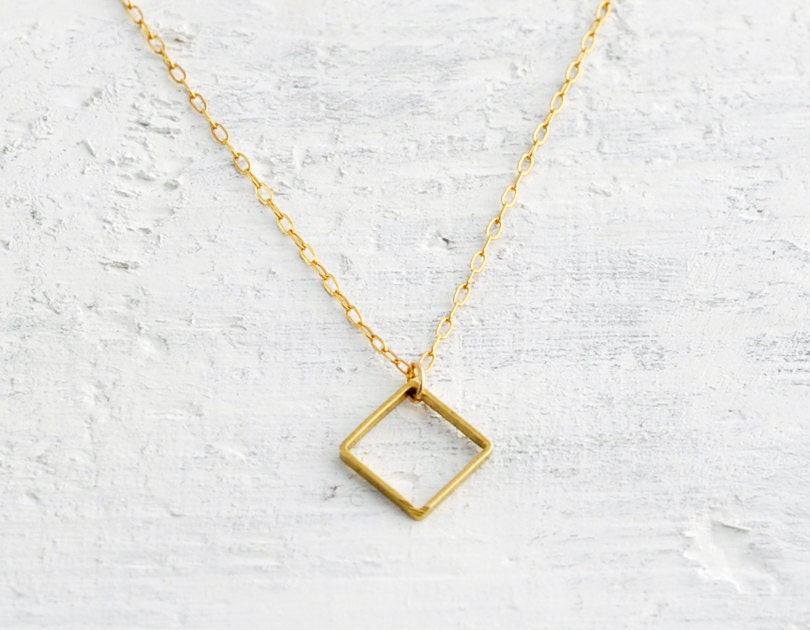 Brass diamond - tiny antique brass diamond 14k gold filled chain necklace - simple minimal jewelry