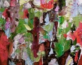 Madeleine de Demandolx, Abstract painting, expressionist, red, green, brown, pink, blue, impasto texture, 18 x 14 inches