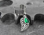 Emerald Green on Silver Leaf Ear Cuff - Green Tear of Nature by COGnitive Creations
