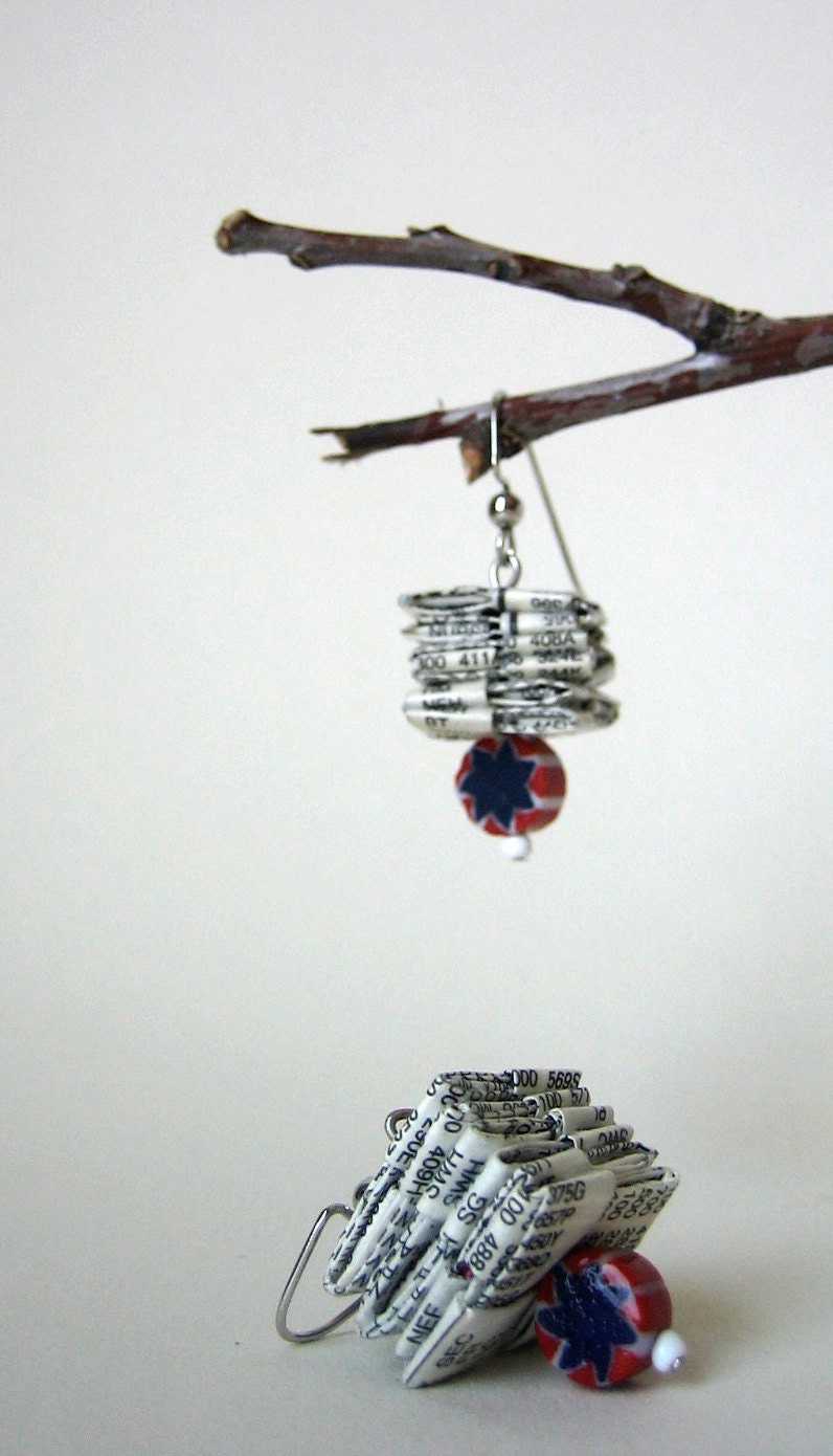 Reclaimed Paper Earrings - Ruby Red, White, Navy Blue & Black