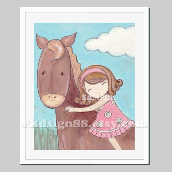 Nursery art print, horse painting, farm animal art for children decor, baby nursery decor, kids room - I Care -  8x10