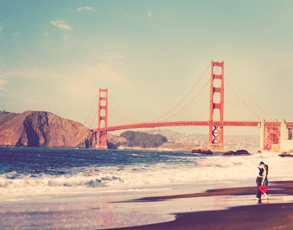 photography, Golden Gate Bridge San Francisco beach photo, i left my heart, romantic couple newlyweds wedding love red heart Valentines day