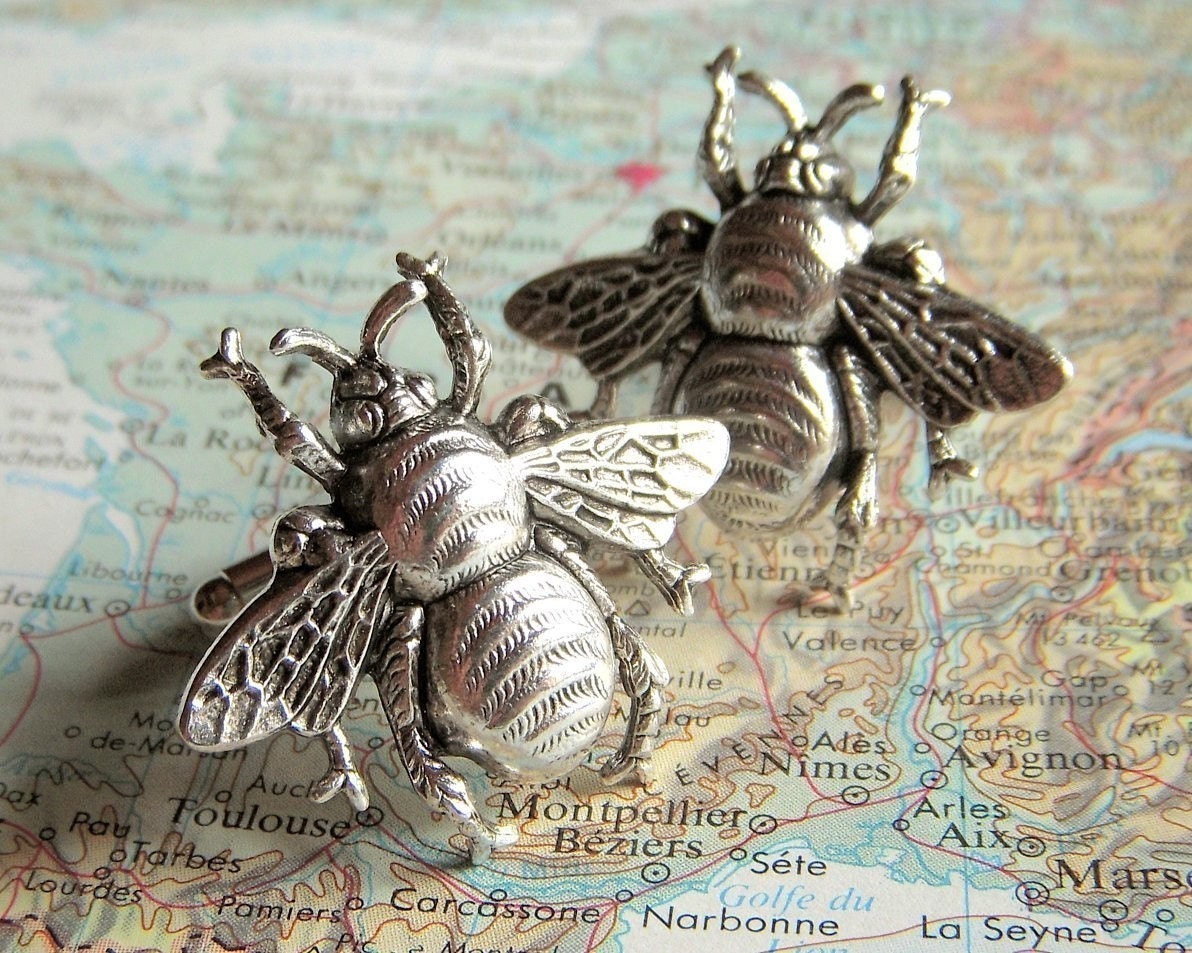 Bee Cufflinks Silver Plated Bees Big & Bold Vintage Inspired Style Gothic Victorian Men's Cuff Links Accessories Gifts Shipped From USA
