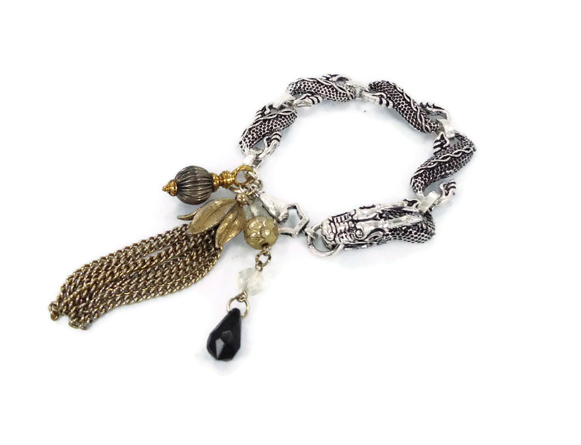 Dragon Charm Bracelet - Vintage assemblage link bracelet - Oriental, medevil, renaissance -  Invintageheaven