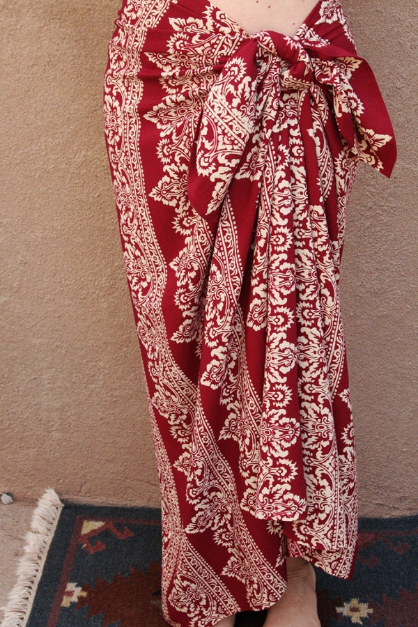 Scarlet Sarong - Red and Cream Indonesian Inspired Motif - Batik Pareo - Womens Clothing Wrap Skirt - Beach Sarong Coverup - Chiffon Scarf