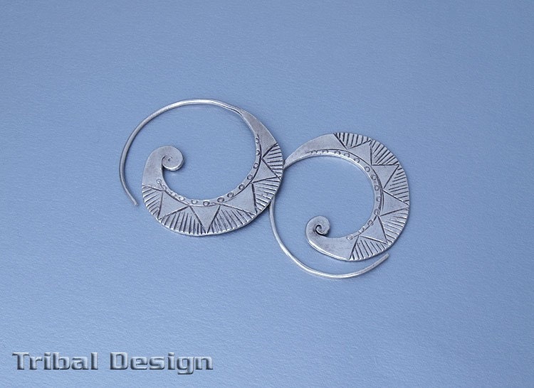 Thai Hill Tribe Handmade Purest Silver Sun Motif Hoop Style Spiral Tribal Earrings