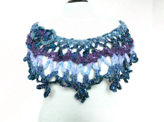 Crochet Capelet Shoulder Cozy , Poncho / Large - Handmade Spring Fashion / Blue Purple - OOAK