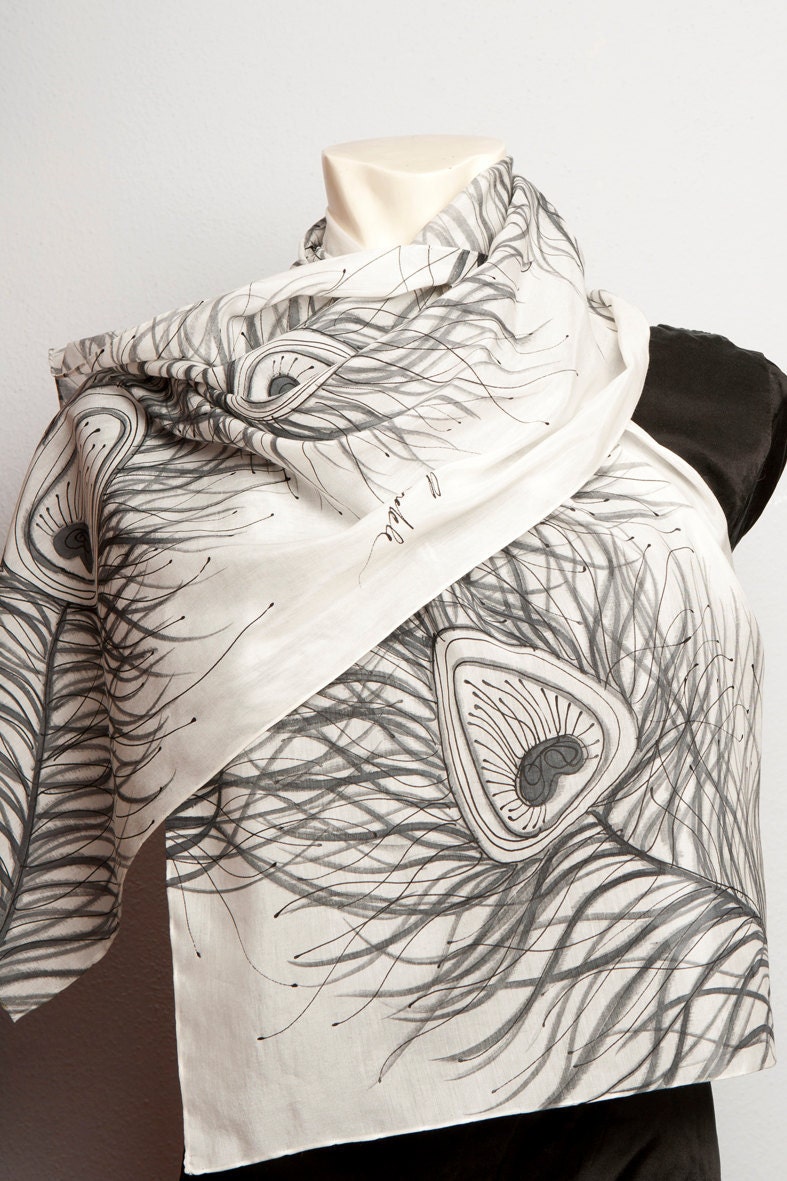 Mother Day Present Hand Painted Silk  Cotton Scarf  Peacock Feathers White and Black  Fashion Present Luck Love