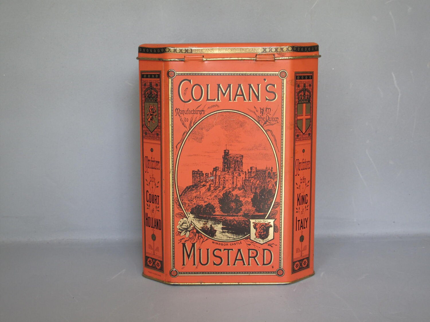 Vintage Lithograph British Tin / Colman's Mustard Large Tin Box, Bull's Head, Turn of the Century Orange Gold and Black Litho Tin Container