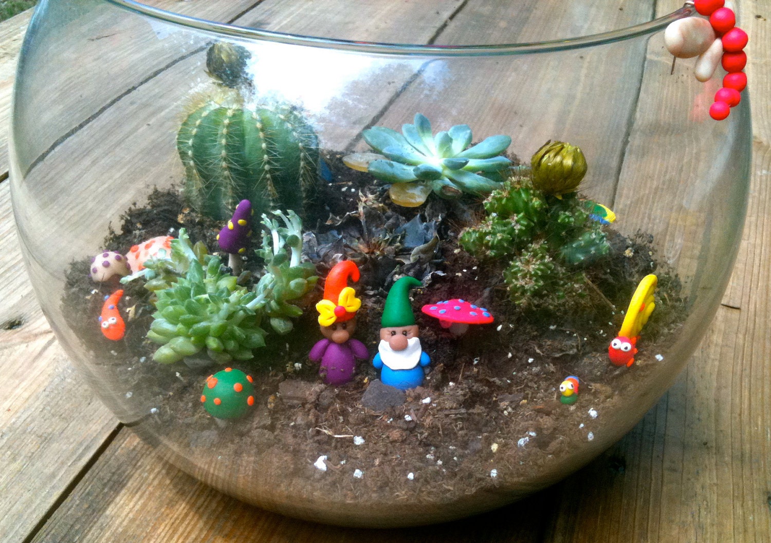 GNOME TERRARIUM GARDEN Decorations with Mushroom - 3 Piece Set - Made to order