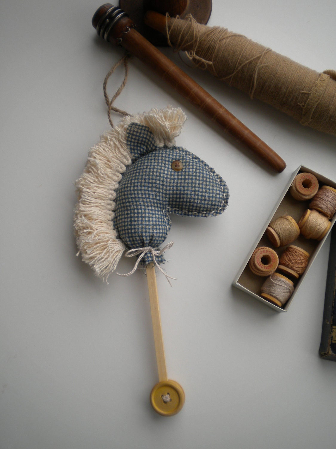 Horse - Pony - Primitive Ornament - Hobby Horse - Folk Art - Nursery Decor - Blue Home Decor - MONTANA